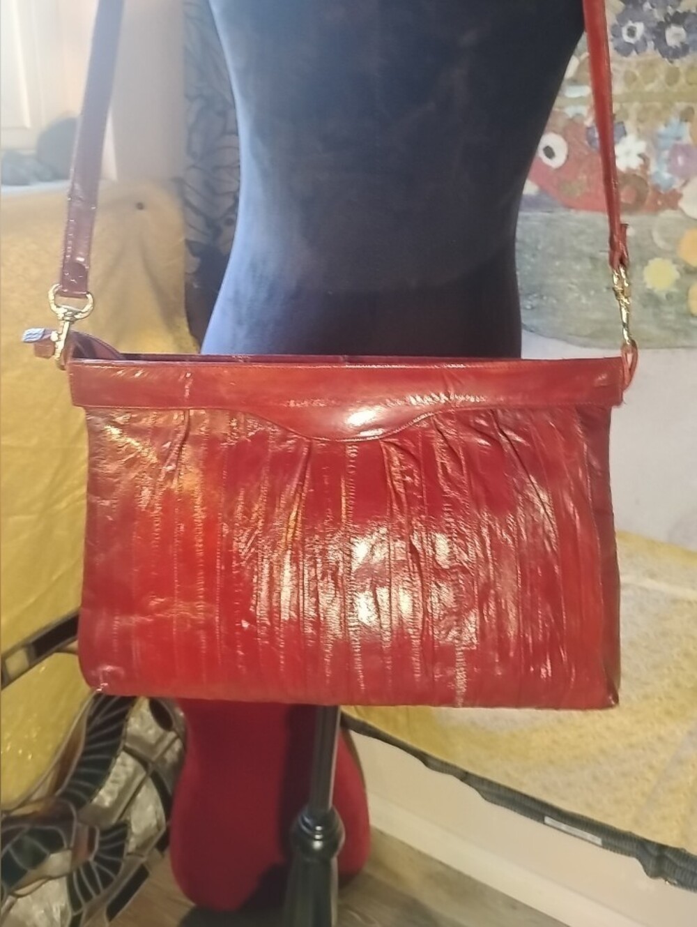 Vintage Red Eel Leather Crossbody Shoulder Bag - Classic Women's Bag Made Korea